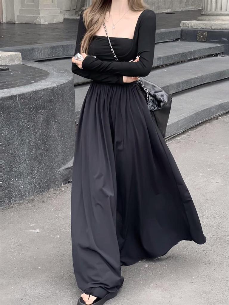 Elegant Square Neck A-Line Dress - Women's Early Spring 2026 Arrival, Long Sleeve, Waist-Cinched Fake Two-Piece Design.
