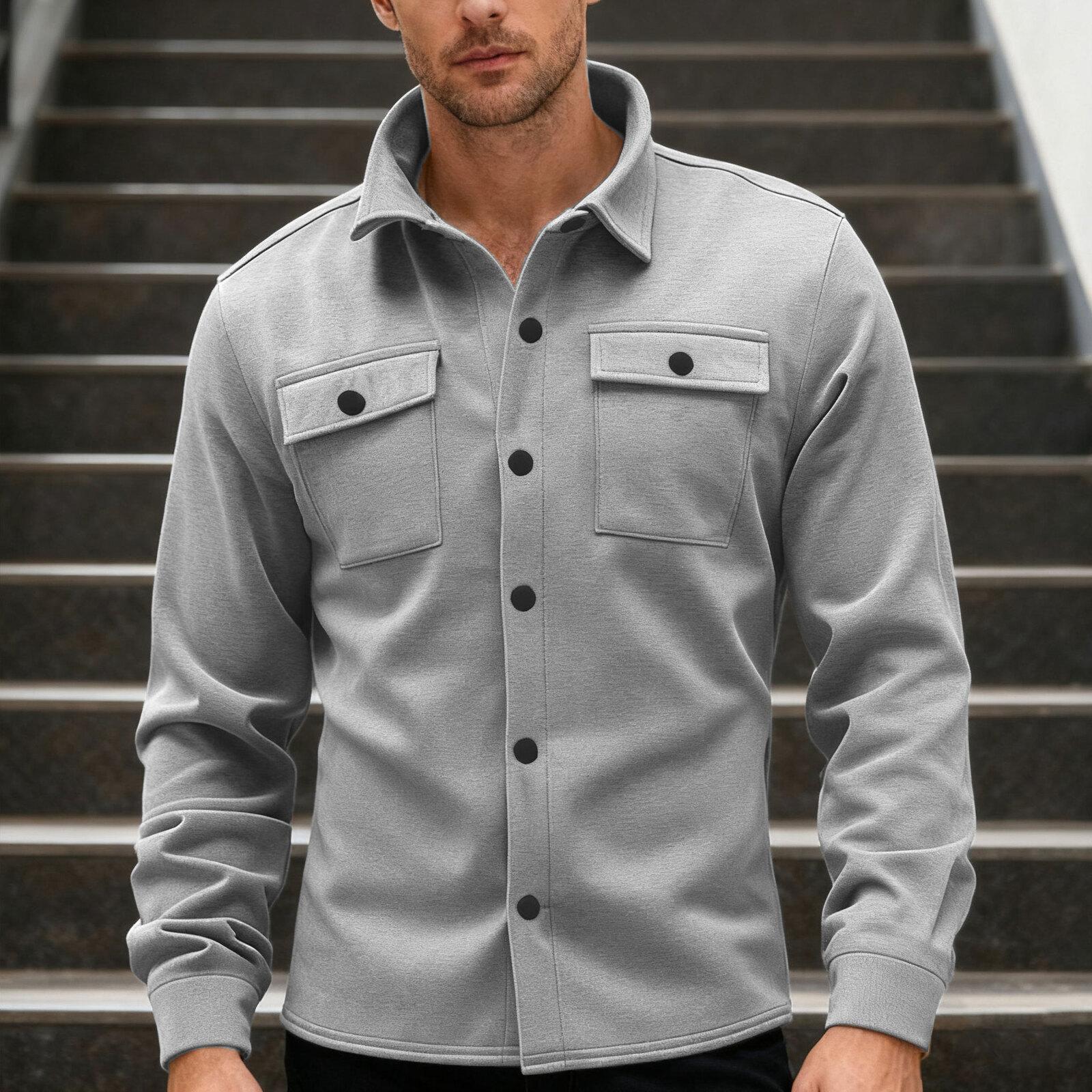 

Мужская повседневная свободная куртка-рубашка однотонного цвета, с лацканами, длинными рукавами и пуговицами, повседневная рабочая куртка S