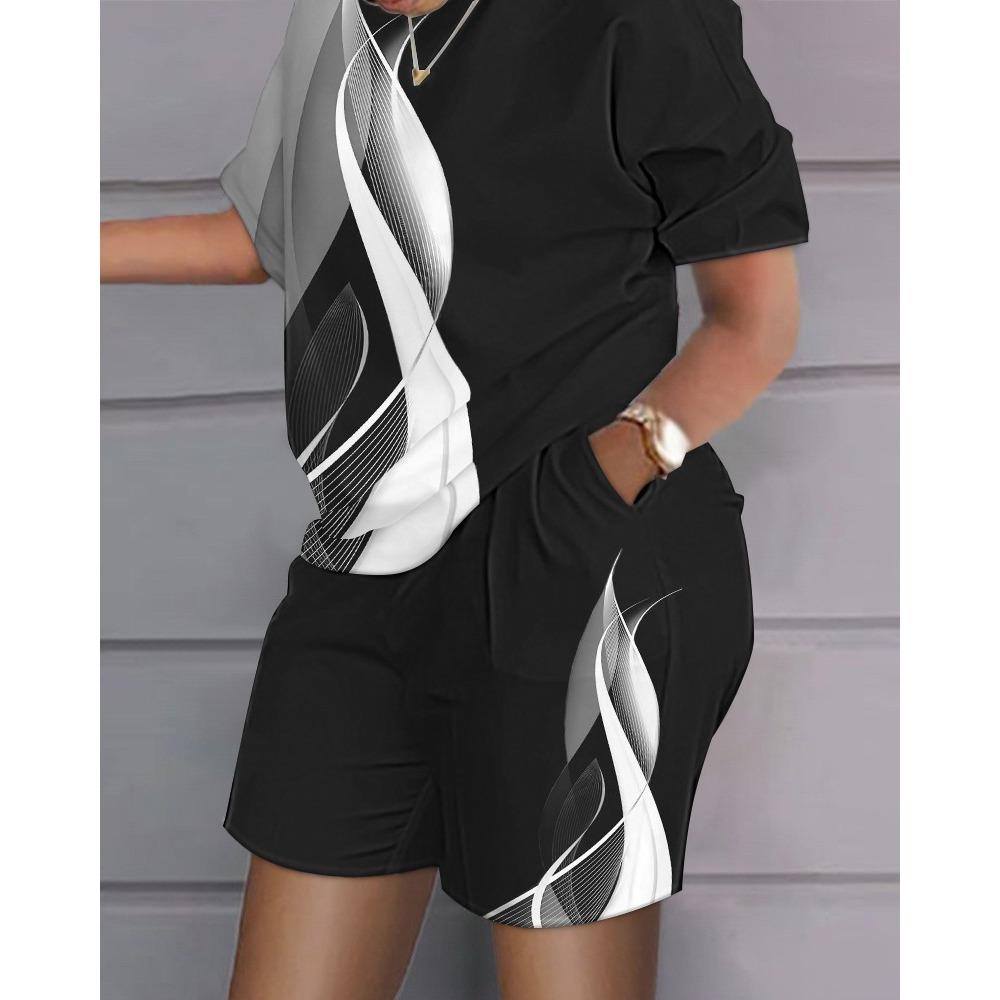 Elegante T-shirt+Pantaloncini da Donna Set 2 Pezzi Moda Estiva Pantaloncini Top Stampa Tuta Casual Femminile Conjuntos De Mujer 2 Piezas