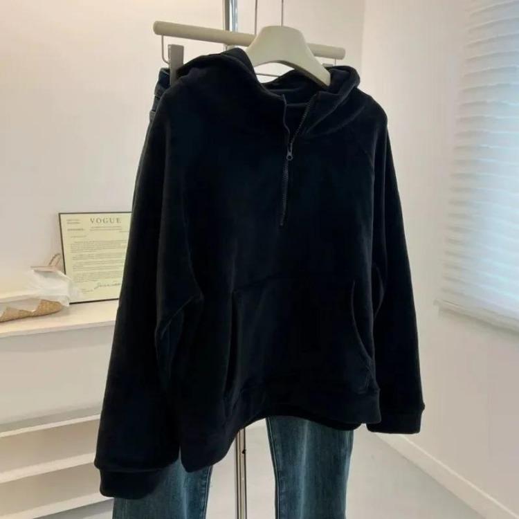 

Winter Fleece Sweatshirt for Women Oversize Hooded Pullover Thickened Loose Casual Long Sleeve Solid Color Top XXXXL чорний