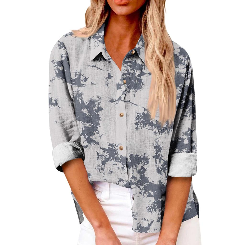 Women's Loose Floral Print Stand Collar Long Sleeve Cotton And Linen Top