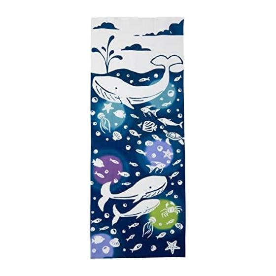 Prairie Dog Tenugui Towel - Whales and Fish - Made in Japan, 100% Cotton, 33x90cm