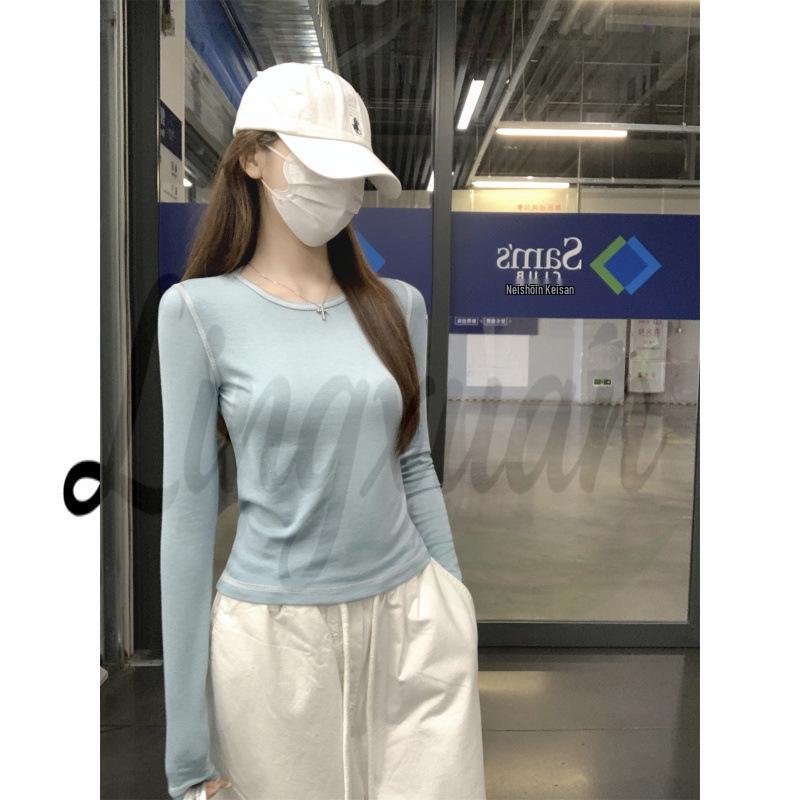 

Korean Style Tencel Long Sleeve Slim Fit Contrast Stitching Women s Base Layer Shirt - New Arrival XL синій