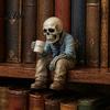 Creative Gifts for Colleagues Funny Sitting Skeleton Figurine Holding Coffee Cup, Vintage Resin Durable Craft Decor Desk Ornament, Unique Gag