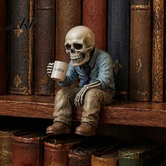 Creative Gifts for Colleagues Funny Sitting Skeleton Figurine Holding Coffee Cup, Vintage Resin Durable Craft Decor Desk Ornament, Unique Gag