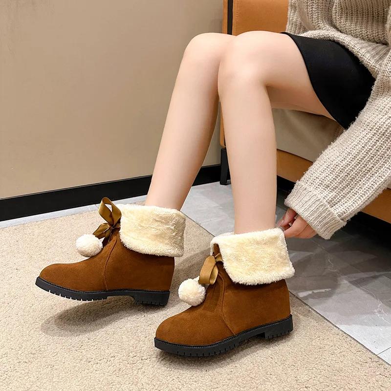 New Winter Women's Shoes Sweet Fur Ankle Boots Female Padded Comfortable Warm Cotton Shoes Flat Bottom Casual Lace Up Botines