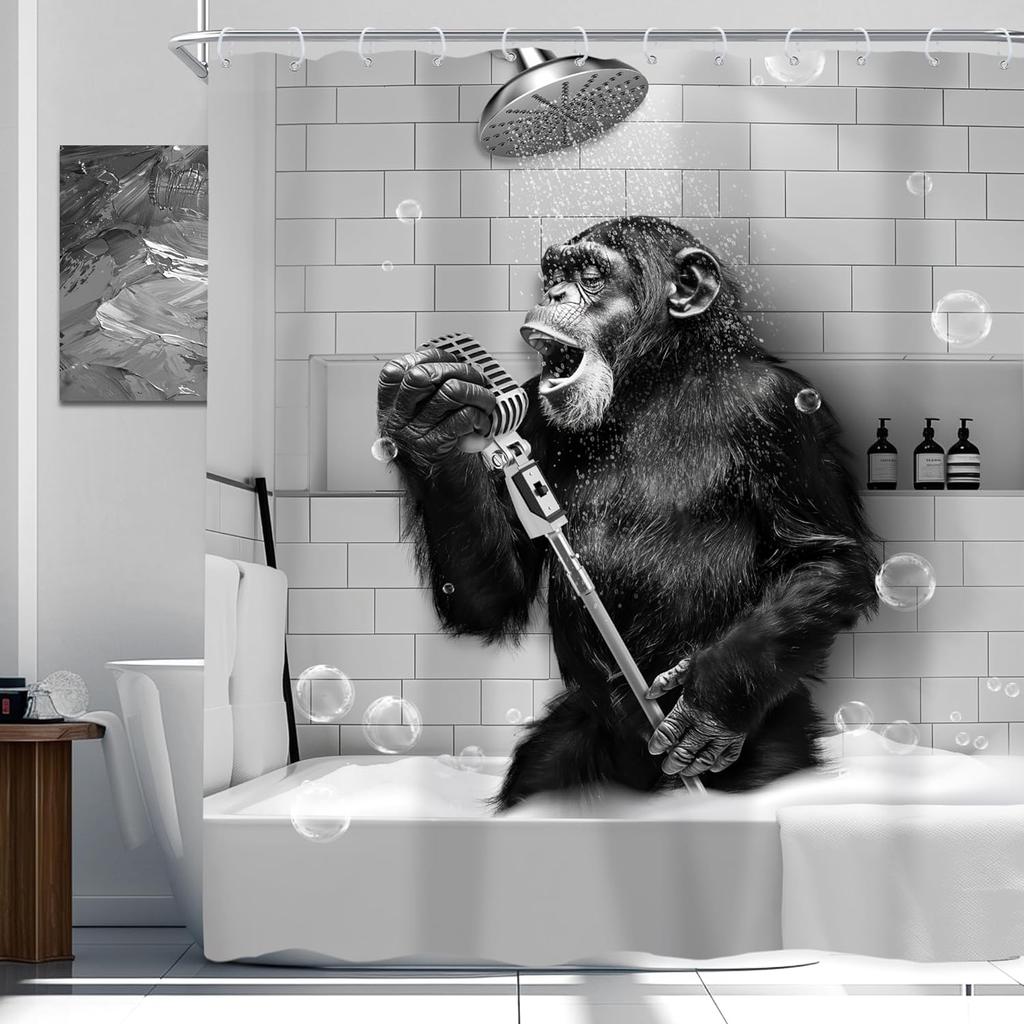 Funny Monkey Shower Curtain Meditation Zen Spirit Animal Chimpanzee Lotus Leaves Plant Bamboo Nature Bathroom Modern Waterproof