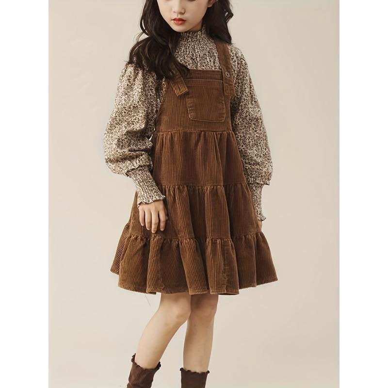 New Girls' Vintage Floral Print Two-Piece Set - Brown & White Long Sleeve Dress with Ruffled Hem, Button-Up Front, and Matching Pockets