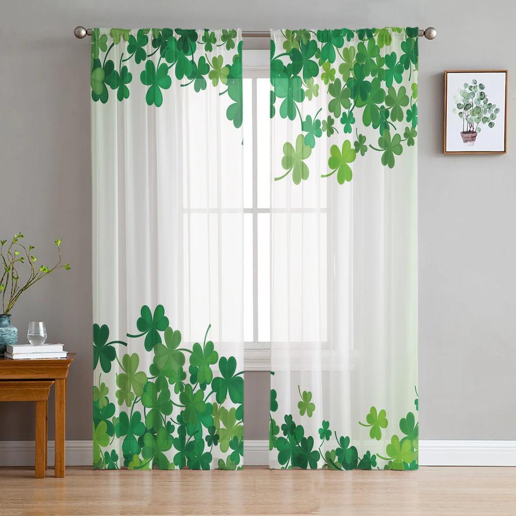 St Patrick Day Curtains Living Room Kitchen Clover Leaves Tulle Luck Wealth Irish Design Chiffon Curtain Light Filtering Polyester Area Window