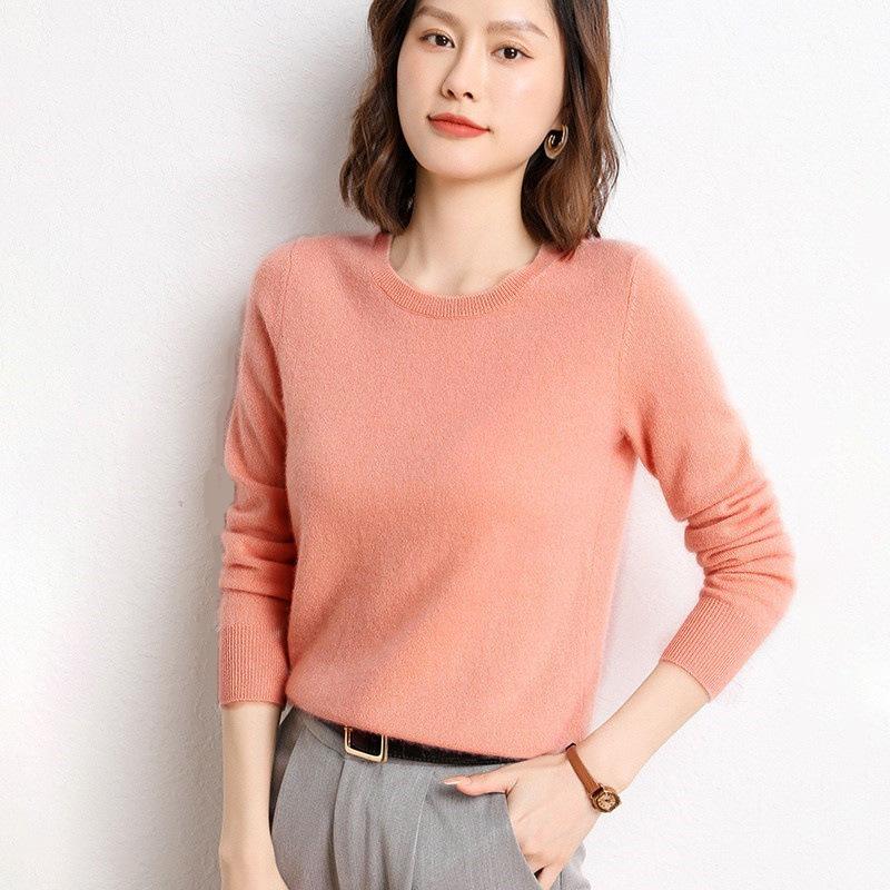 QICED Spring and Autumn Women's Pullover Knitted Sweater, Round-neck Solid Color, Fashionable and Simple Long-sleeved Base Layer