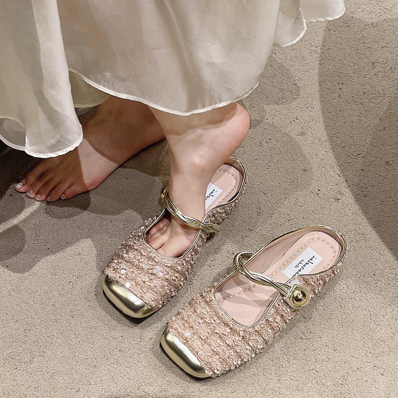 

Босоножки на плоской подошве, юбка, классные тапочки, женские, с пайетками, каблук, сумка, голова, полутапочки Мэри Джейн, низкие, новый стиль с модой 40 розовый