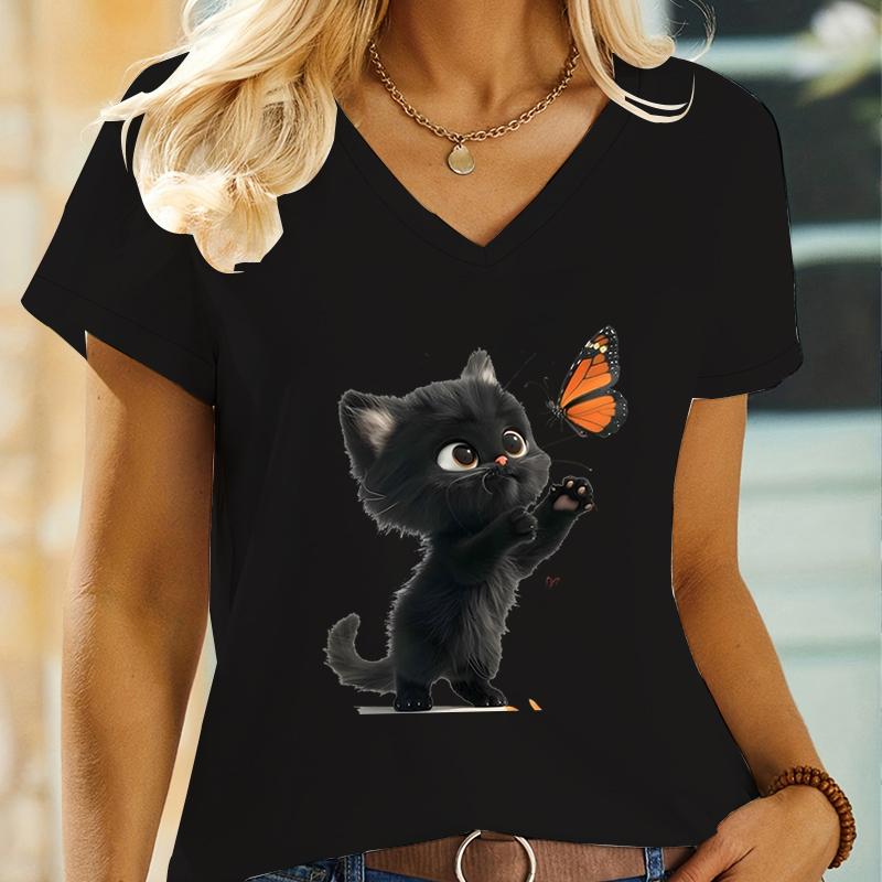 

Женские аниме-футболки с принтом «Черная кошка, бабочка», мультяшные футболки с 3D-принтом и принтом котенка, топы с V-образным вырезом Y2K, футболки, футболка с коротким рукавом Causl 5XL чёрный