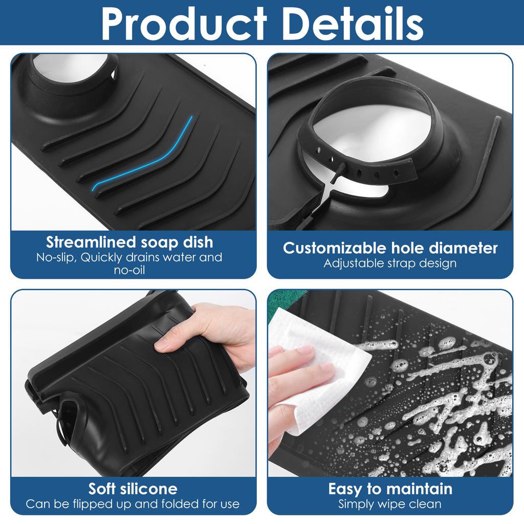 Silicone Sink Faucet Mat Anti Slip Fastening Lock Faucet Splash Guard With Customizable Hole for Home Kitchen Countertop