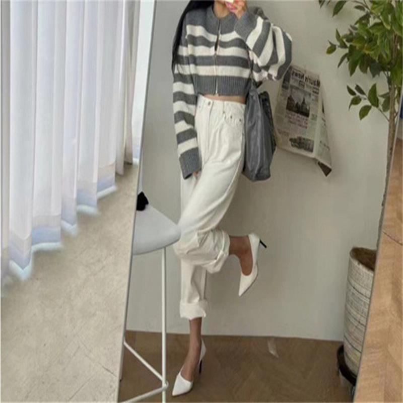 Striped Color Blocked Short Knitted Cardigan Autumn and Winter Round Neck Zipper Sweater