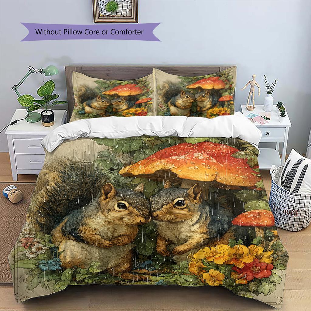 Mushroom Squirrel Pattern Bedding Quilt Set Quilt Cover Pillowcase Home Decoration Gift (1 * duvet cover + 2 * pillowcase, without core)