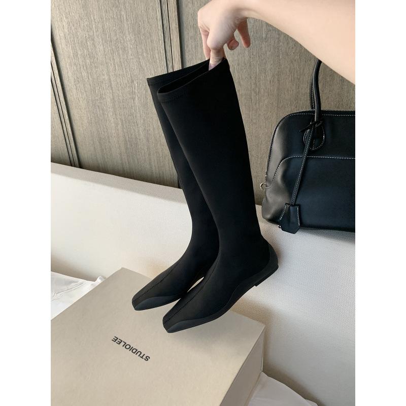 Sheepskin Square Head Tall Boots Women's Knight Boots Flat Bottom Boots Elastic Boots Socks Boots Stacking Boots