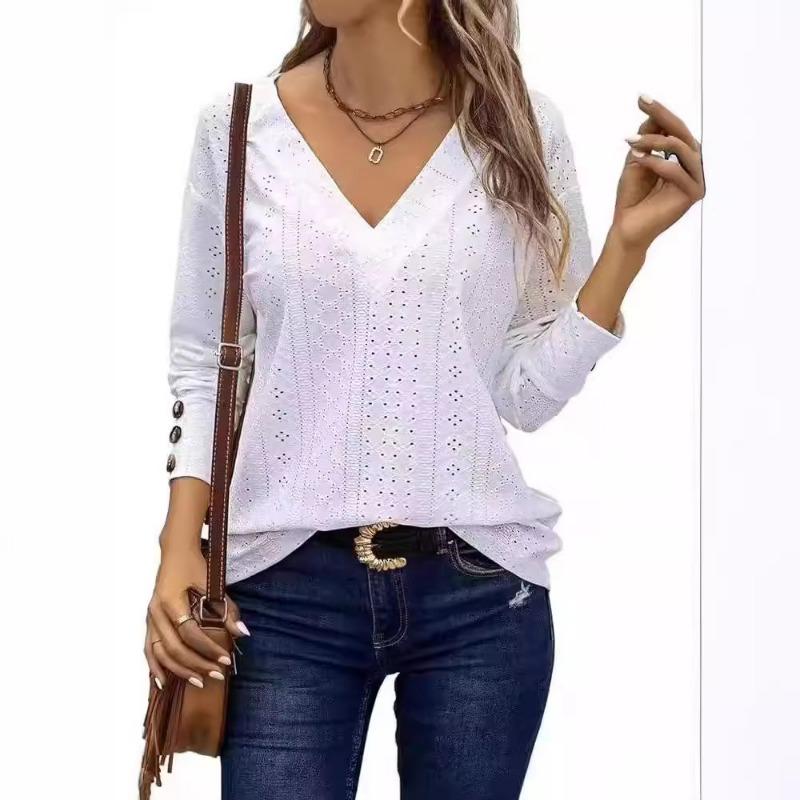 Women's Hollowed Out V-neck Off Shoulder Long Sleeved Button T-shirt
