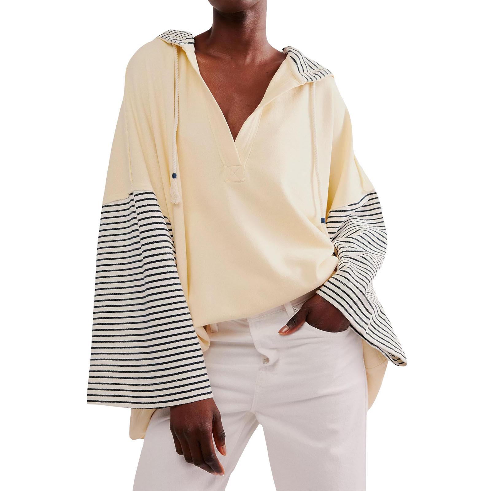 

Женская полосатая толстовка с v-образным вырезом, свободные рукава, рубашки с цветными блоками, спортивные топы