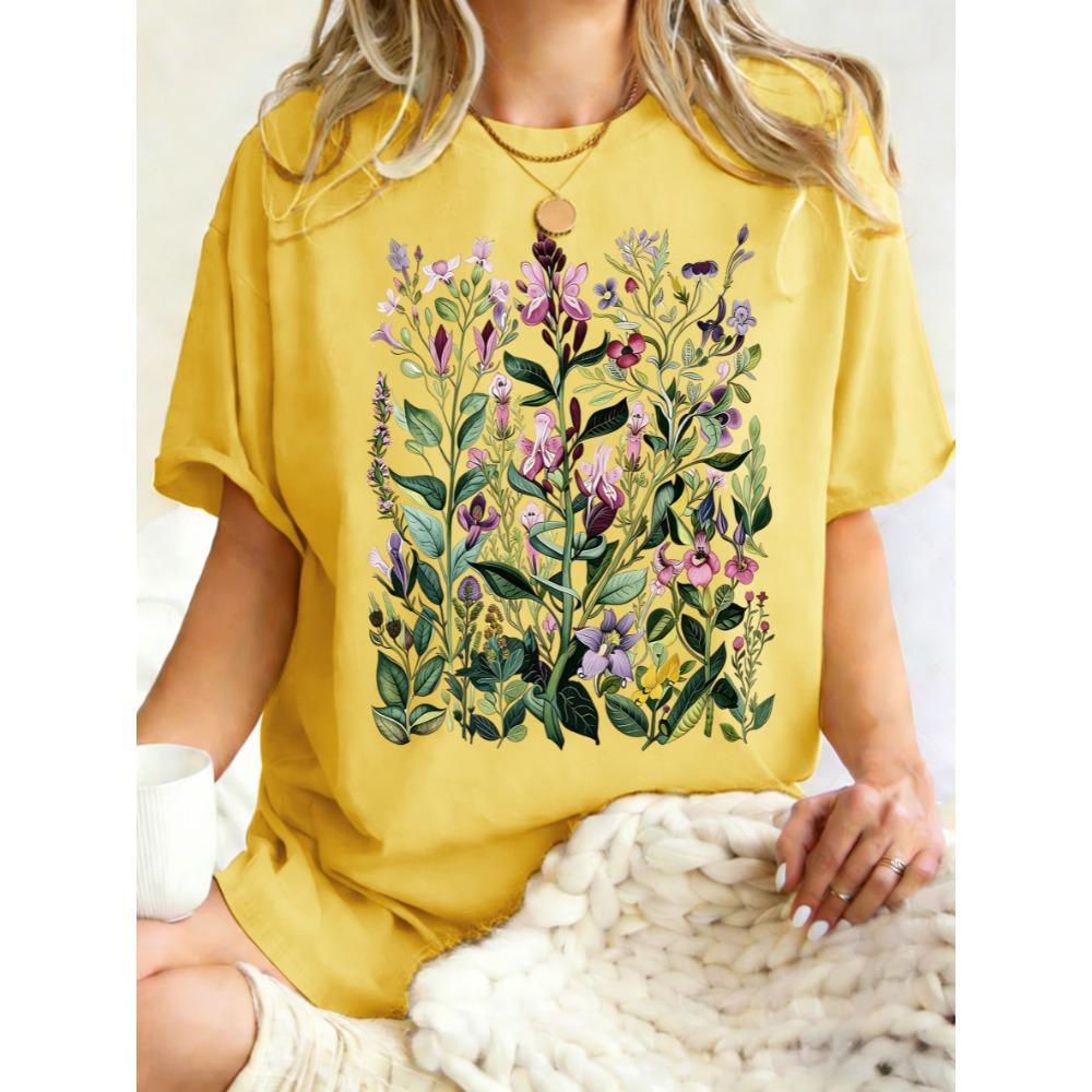 Having Different Beautiful Flowers Design T Shirts Women Cotton Summer T-Shirt Loose Casual Clothes Breathable Crewneck Top