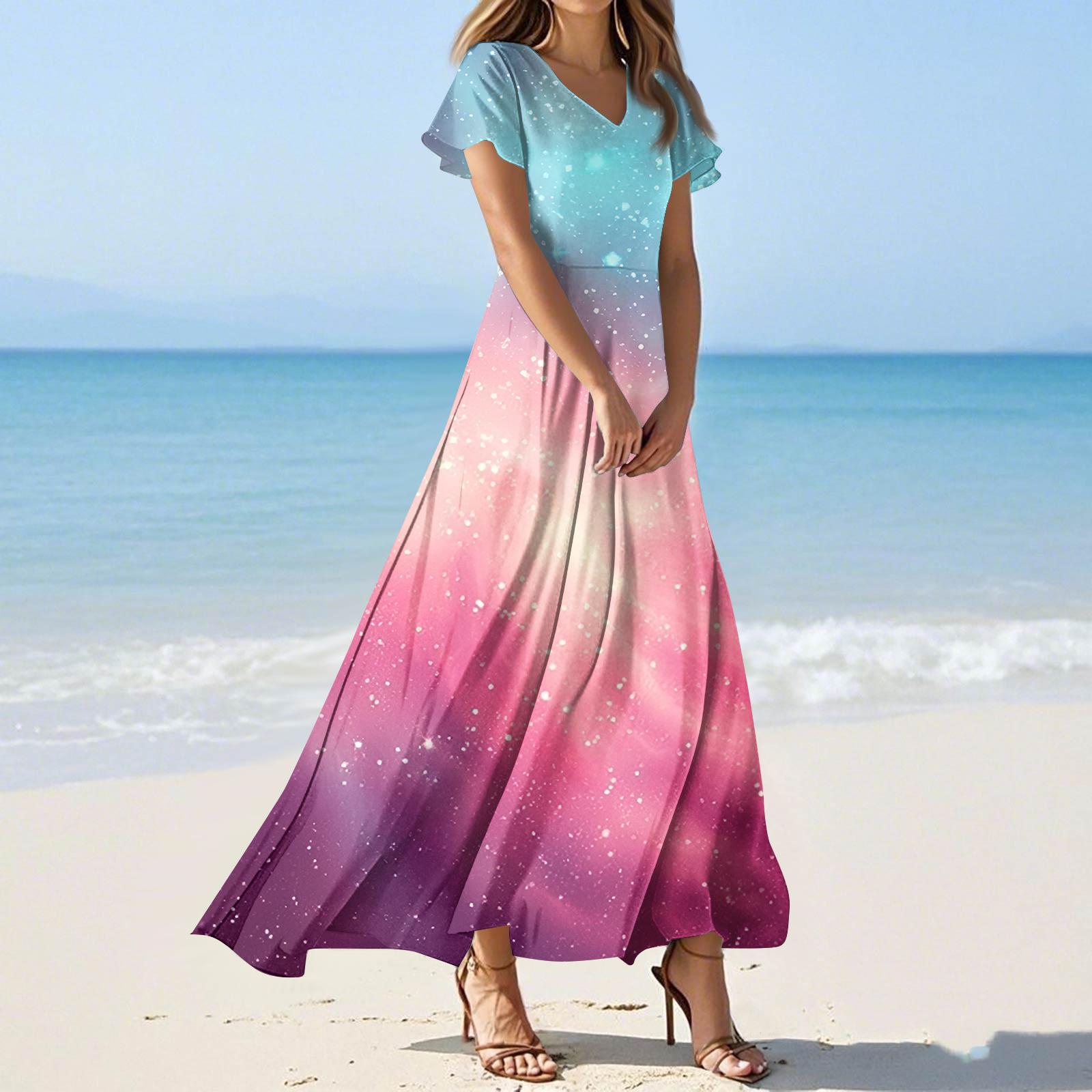 

Women s Summer Casual Fashion -Print V-Neck Short-Sleeve Patchwork Dress XL рожевий