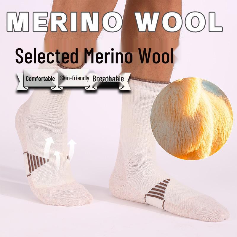 Men's and Women's Thickened Merino Wool Hiking Socks: Non-slip, Wear-resistant, Mid-tube Design.