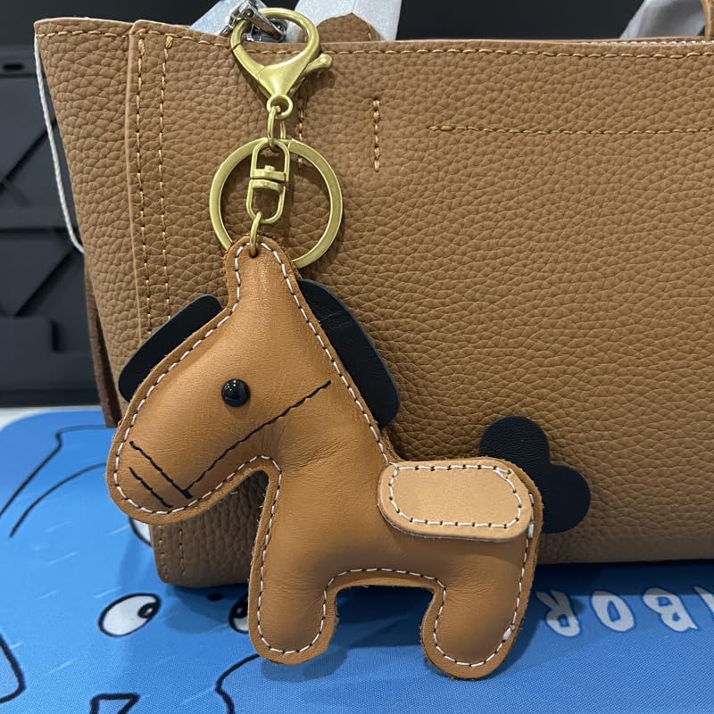 Yocipa Cute Leather Horse Keychain Bag Charm for Car Keys and Genuine Leather Key Key Accessory Bags, Holder, Ring, (Khaki)