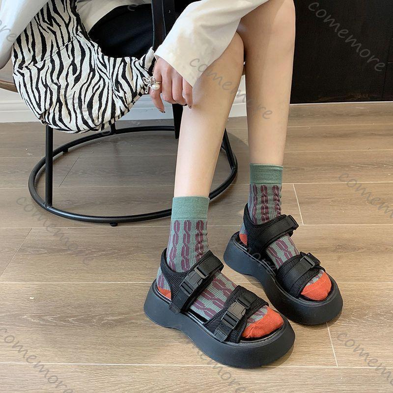 Fashion Comemore Black Sports Sandals Female Summer New Thick Bottom Heightening Roman Shoes Casual Flat Sweet Cool Students Sandales