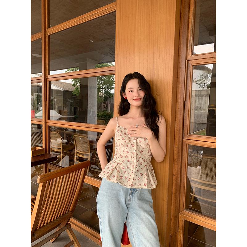 NewOpen 25 Years: Summer French Floral Ruched Spaghetti Strap Tank Top for Women - S5123