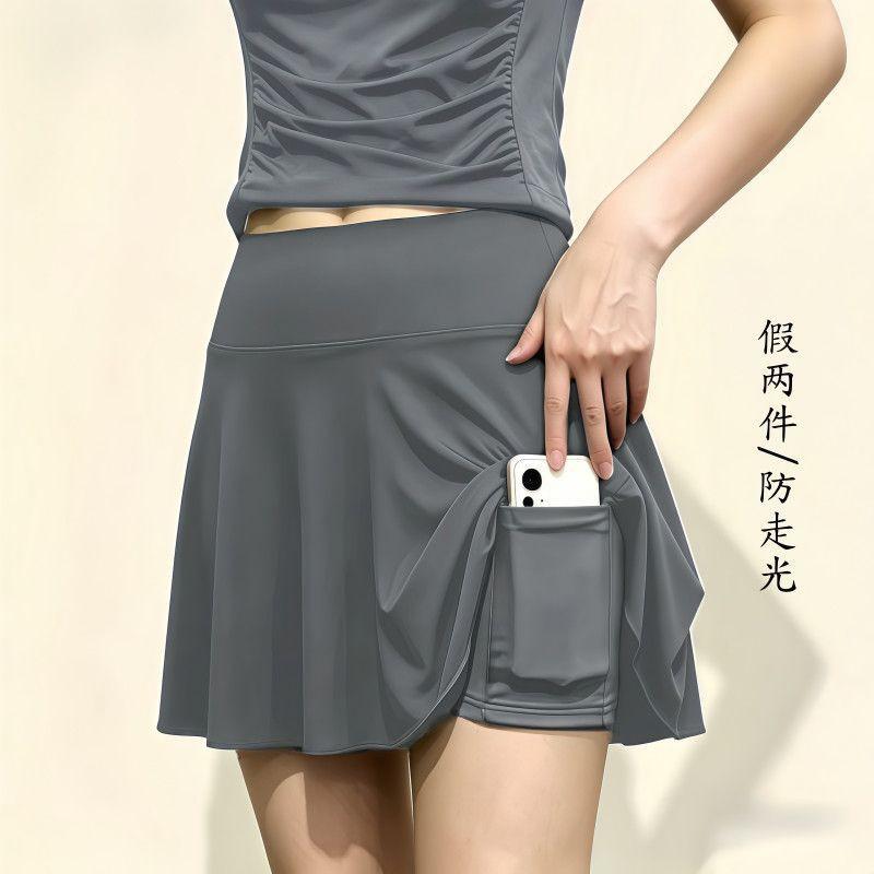 Womens Quick-Dry Yoga Tennis Skirt Set Short Sleeve Breathable Fitness Outfit Slimming Waist-Cinched Skort