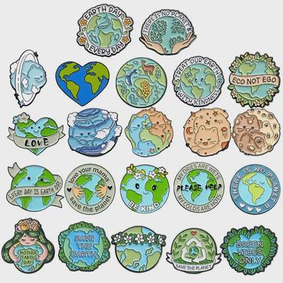 Eco-Friendly Earth Love Green Metal Brooch: Round Environmental Badge Pin