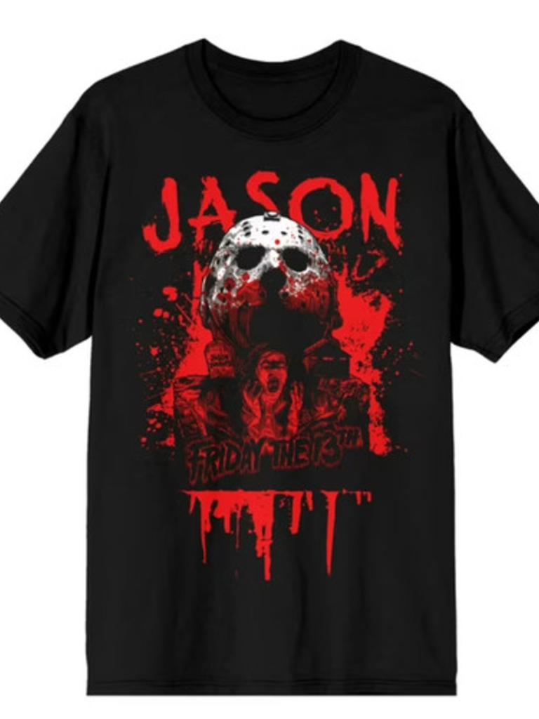 Friday Day 13 Jason Horror Movie Graphic T-Shirt Black with Red Blood Splatter Men's and Women's Adult T-Shirt