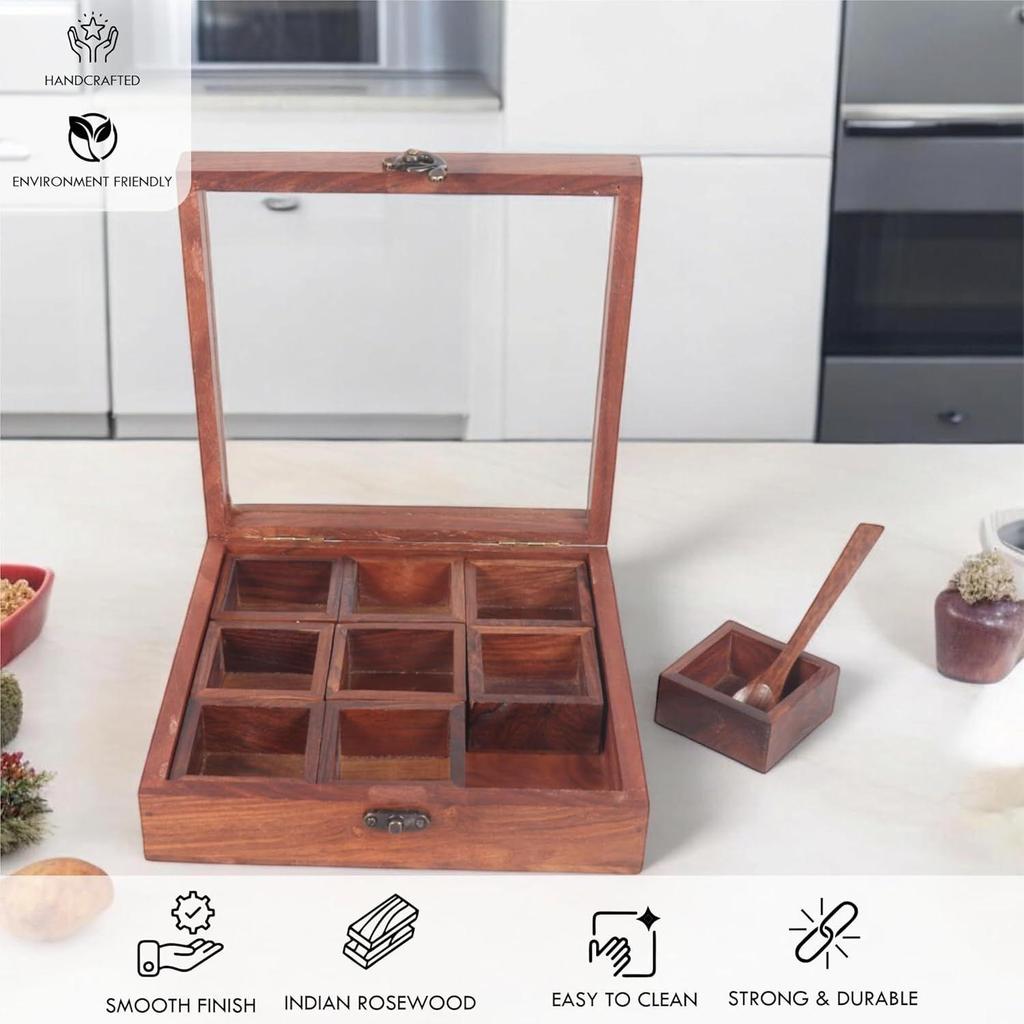 Wooden Spice Box With Spoon Container For Kitchen Masala
