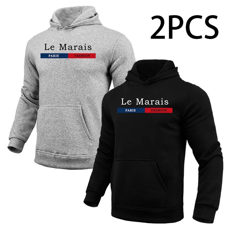2pcs Hoodies Male Autumn Winter Hooded Long Sleeve Pullover Urban Casual Fashion Hoody Top Home Outdoor Comfort Warm Sweatshirts