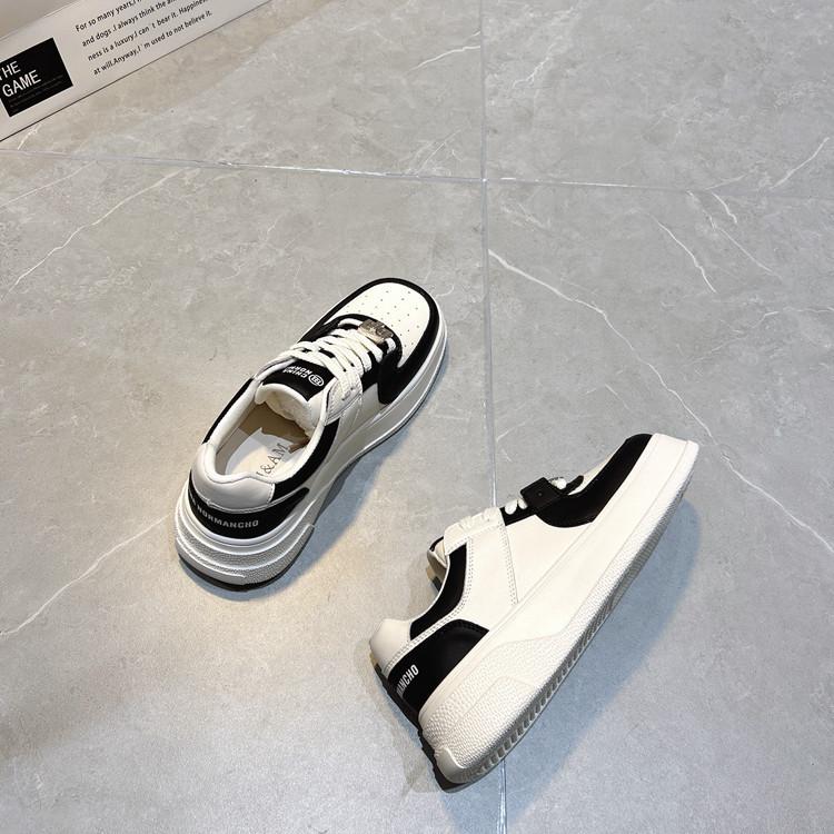 Matching Color Square Toe Round Toe Panda Sneakers Women's  New Thick-soled Casual Sports Shoes Genuine Leather Small White Shoes
