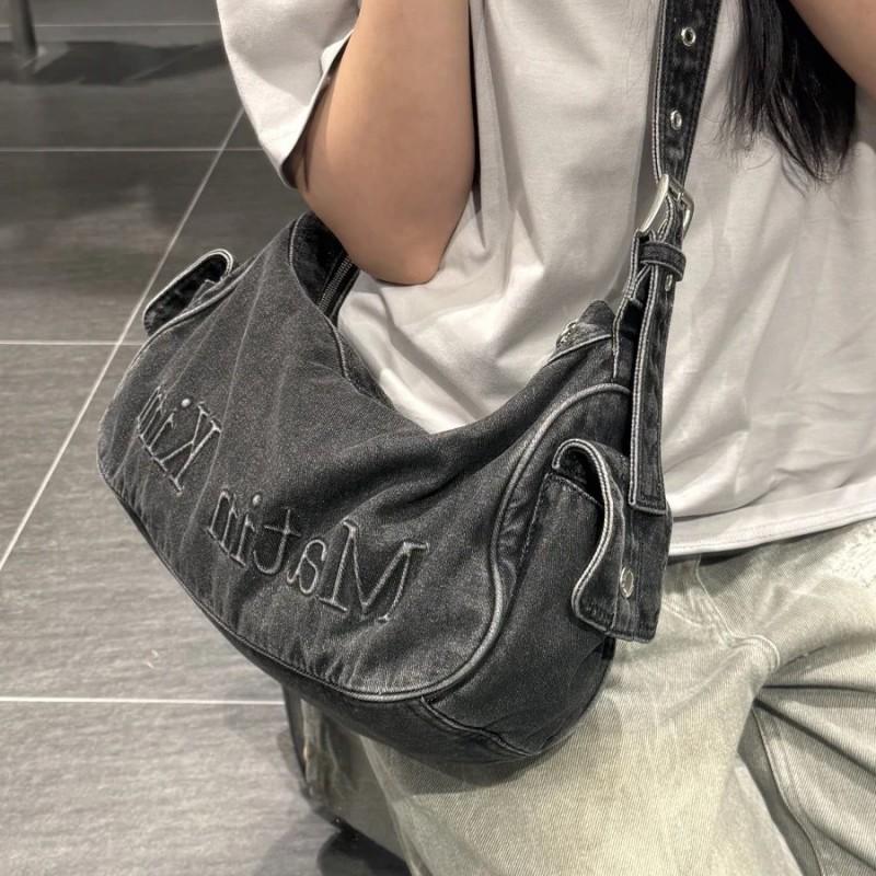 Vintage Washed Denim Crossbody Bag With Embroidered Letters Frayed Edge Medium Capacity Casual Travel Shoulder