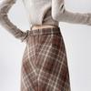 Autumn Vintage Checkered Woolen Skirts Lady Elegant High Waist Slimming A-Line Skirt Women Korean Streetwear Slit Long Skirt