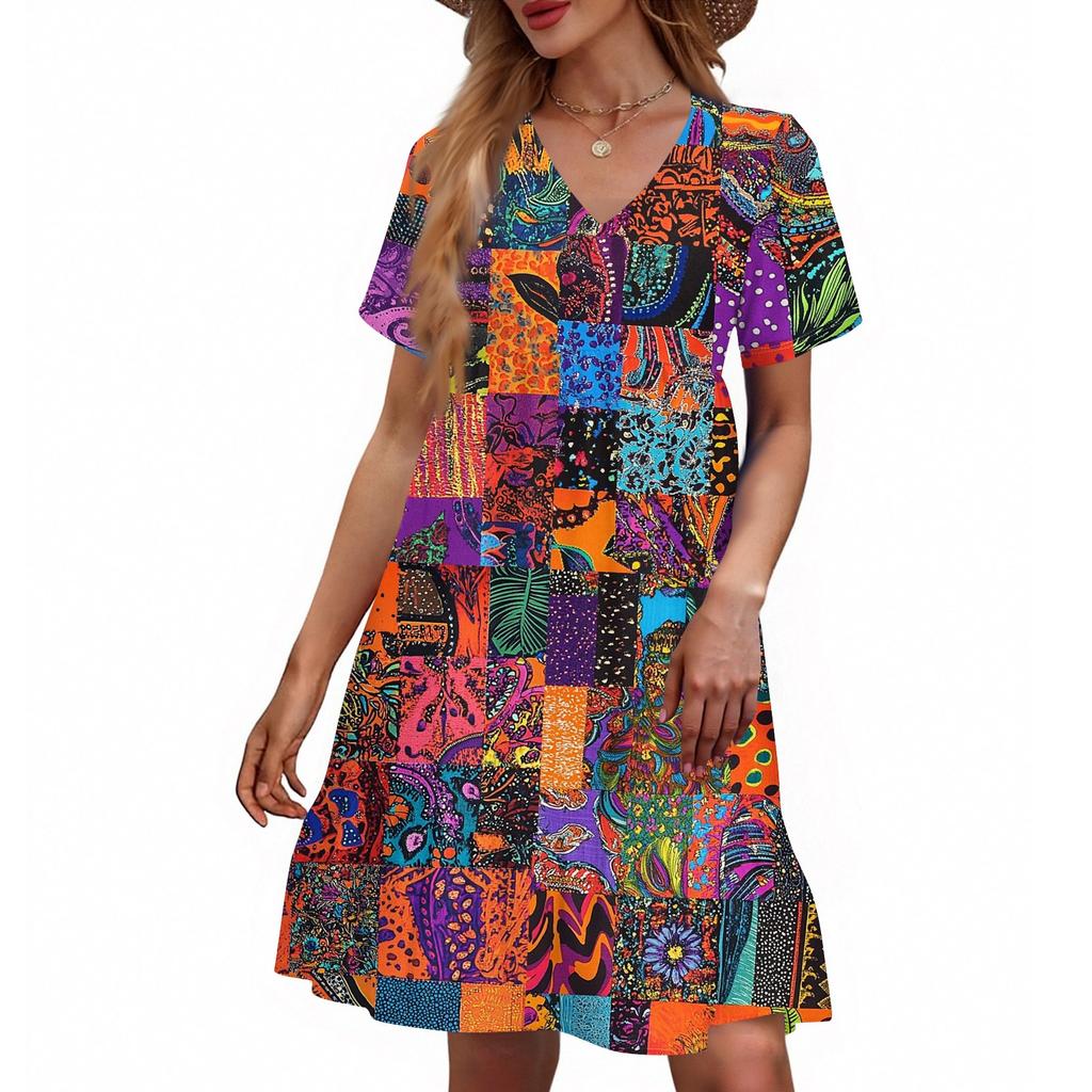 Women's Casual Fashion V-Neck Short Sleeve Floral Print Dress