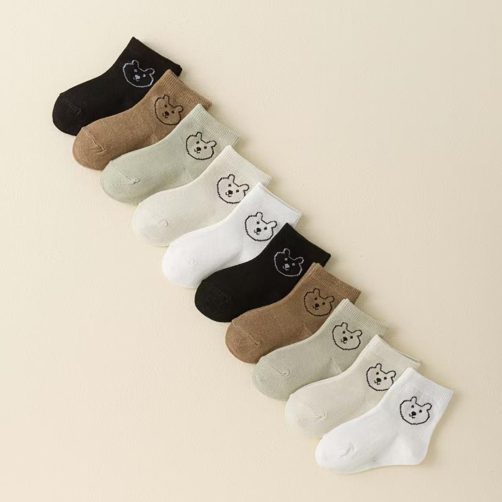 5 Pairs Baby Socks Toddler Soft Comfortable Breathable Spring Autumn Cartoon Bear Pattern Kids Footwear For 0-5 Years