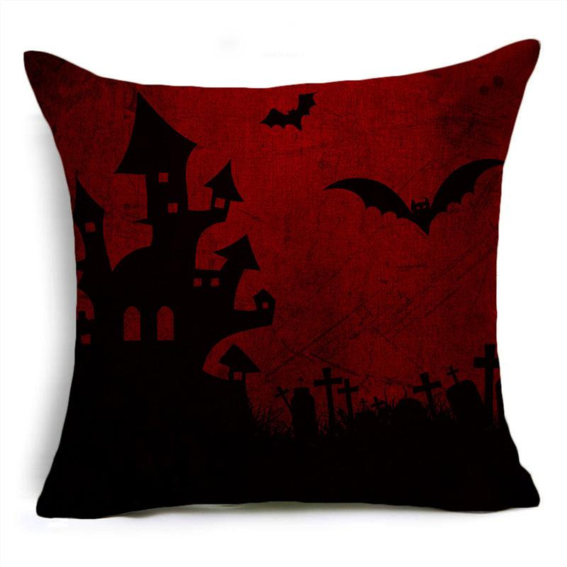 Red Halloween Night Moon Graveyard Bat Scarecrow Linen Throw Pillowcase Decorative Cushion Cover For Sofa Living Room Party