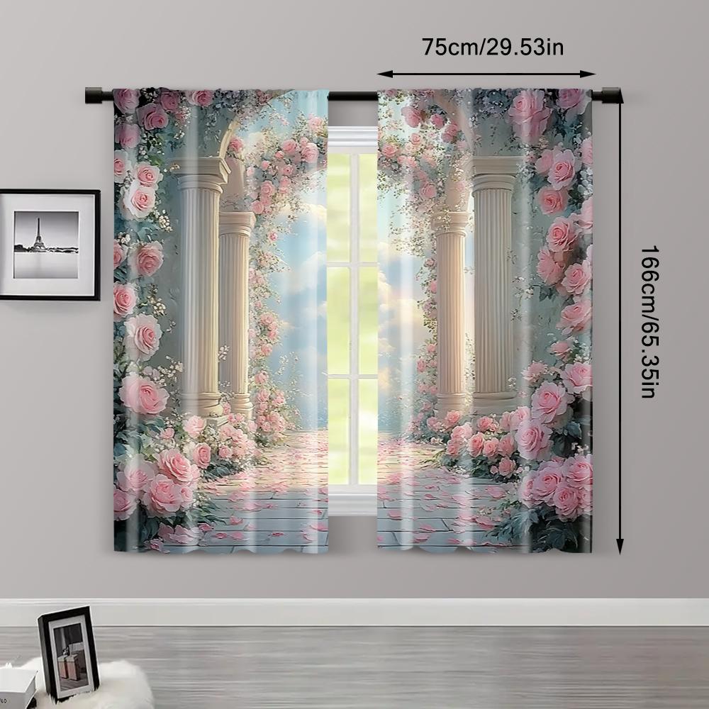 2pc,  Romantic Valentine's Day Party Window Curtains Fresh and colorful rose Versatile Fabric,Without Electricity Spring Party &