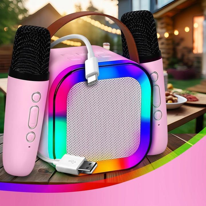 Zestaw Do Karaoke 2X Mikrofon Bezprzewodowy Przenośny Bluetooth Głośnik Rgb