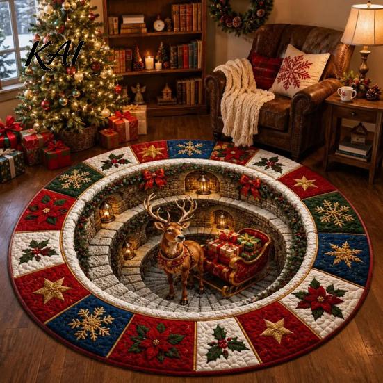 Bedroom Decorative Mat Christmas 3D Rug, Illusion Area Round Rug Floor Mat, Festive Carpet for Indoor Home Living Room Holiday Decoration Winter