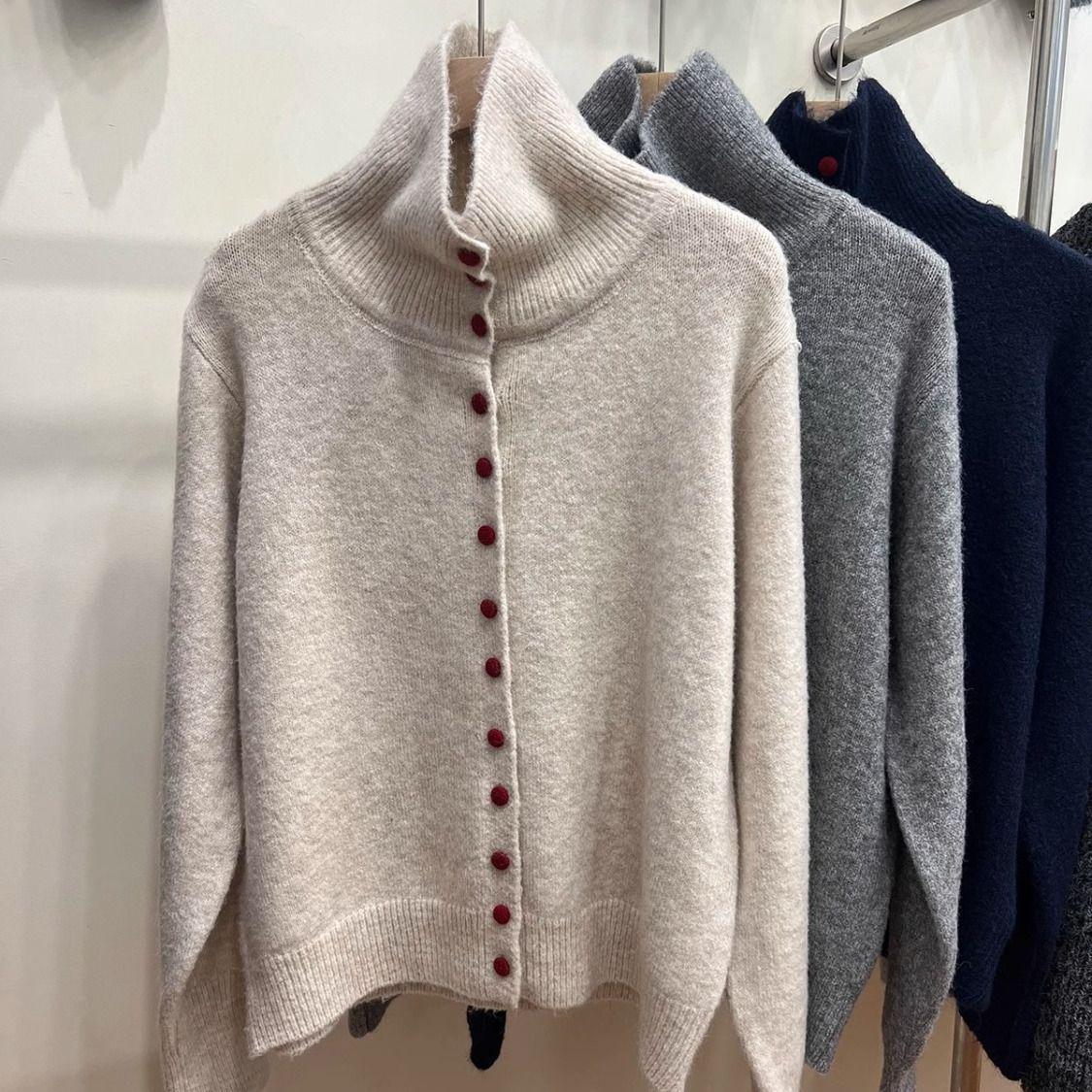 

Женский красный кардиган свободного кроя с высоким воротом на пуговицах - Осень/Зима, корейский стиль, вязаный повседневный свитер XL