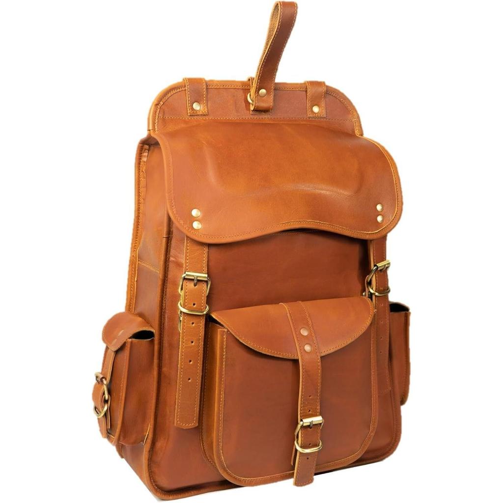 Vintage Full Grain 21 Inch Leather Laptop Large Backpack Casual Bookbag Daypack Camping Travel Rucksack Knapsack