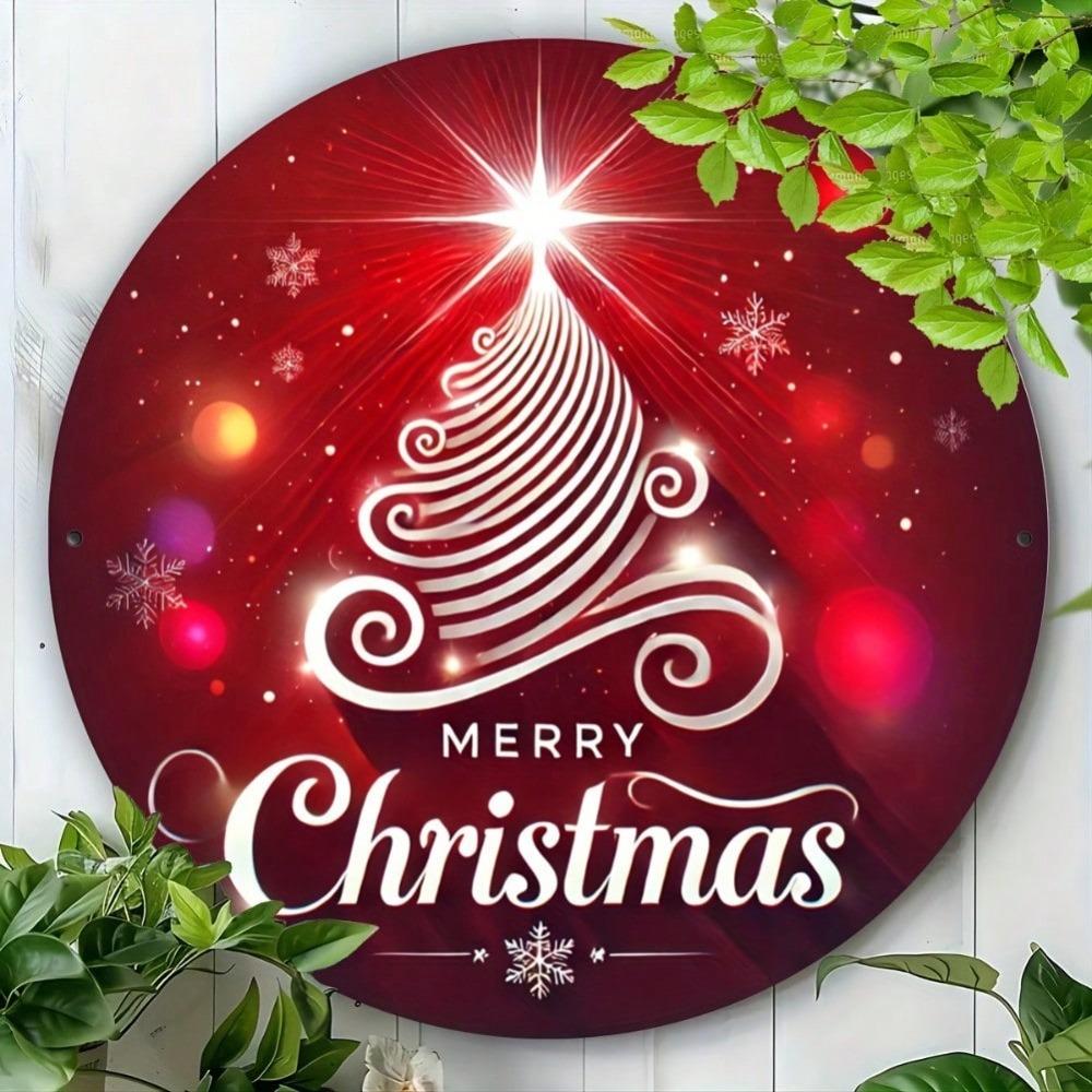 Christmas Round Metal Tin Sign Vintage Wreath Wall Art Holiday Decoration Gift 8 Inch