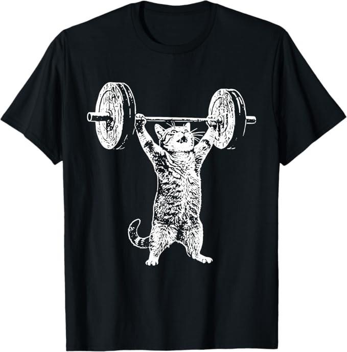 Vintage Retro Weight Lifting Gym Cat Deadlift Funny T-Shirt S