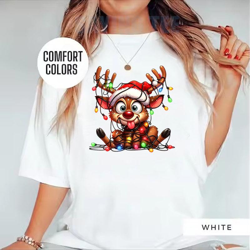 Women Cute Reindeer Christmas Lights Graphic Tshirt Funny Santa Hat Deer Printed Short Sleeve Tops Xmas Holiday Casual Tee Gift