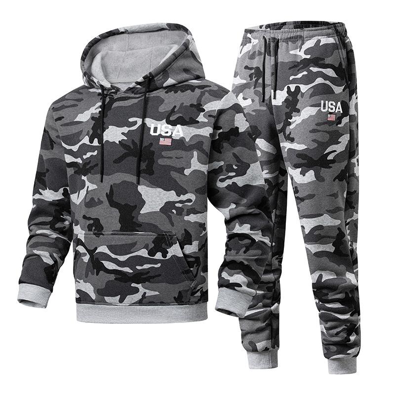 Camouflage Hooded Jacket Men's Thick Autumn Hoodie Men's Zipper Pullover Sweatshirt Two Piece Set
