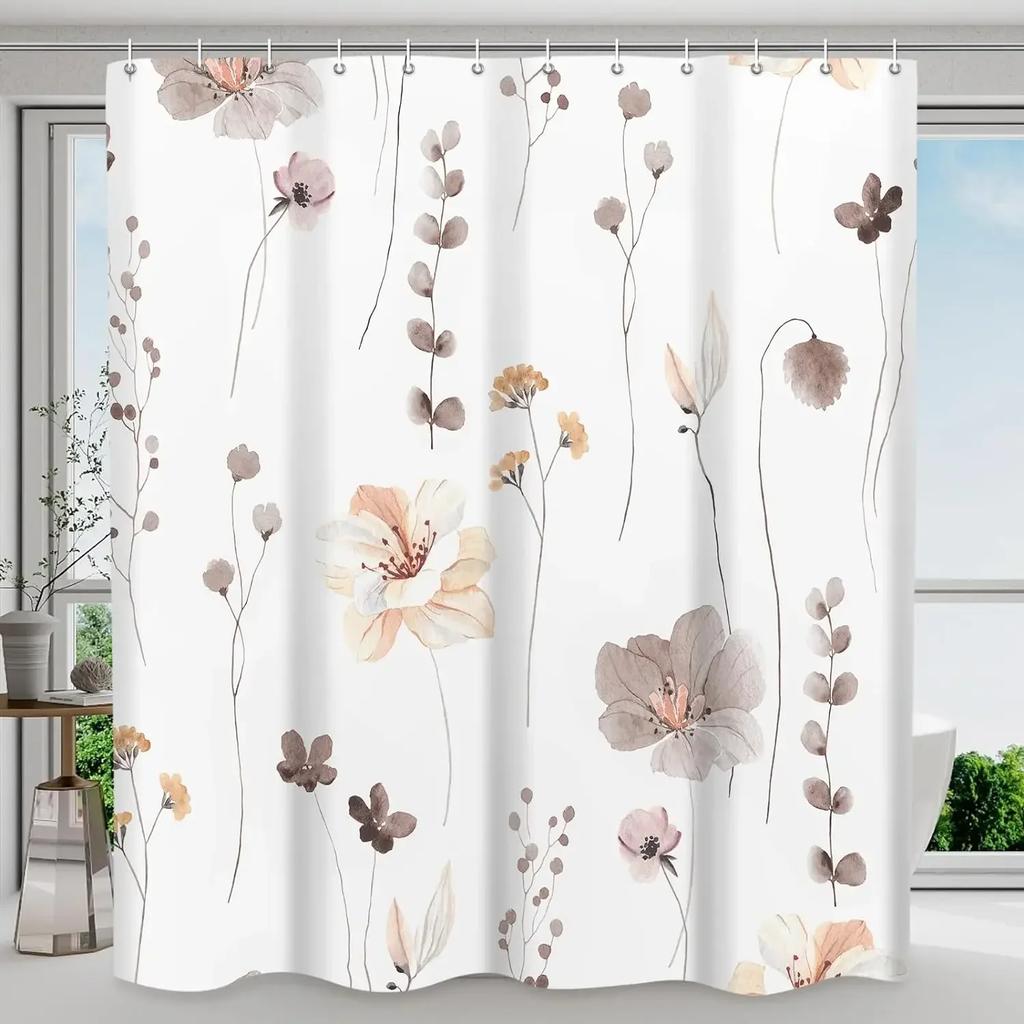 Watercolour Floral Shower Curtain Spring Sage Floral Botanical Curtain Polyester Fabric Shower Curtain Bathroom Decor with Hooks