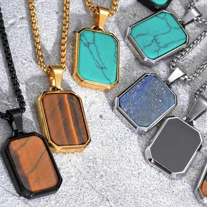 Rectangular Geometric Pendant Necklace Stainless Steel Jewelry Stones Jewelry